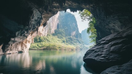 Dark Cave Entrance Reveals Serene River and Lush Green Mountains