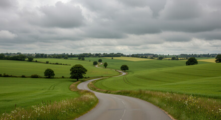 Naklejka premium Curvy Rural Road Through Green Fields and Hills Under Cloudy Sky