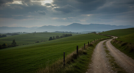 Fototapeta premium Scenic Curved Road Through Lush Green Fields and Mountains Under Cloudy Sky