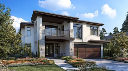 Fototapeta premium Two-Story Modern House with Balcony and Gated Driveway 