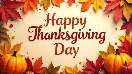Happy Thanksgiving Day surrounded by fall leaves and pumpkins
