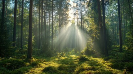 Fototapeta premium Soft rays of sunlight penetrate the thick canopy, creating a magical atmosphere in a lush Russian forest. The undergrowth is vibrant, and the tranquility of nature surrounds the scene