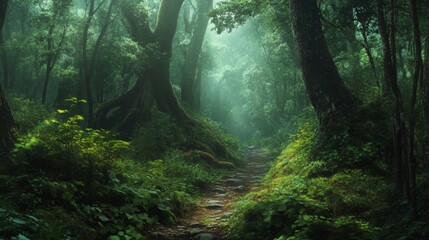 Lush Green Forest Path With Mist