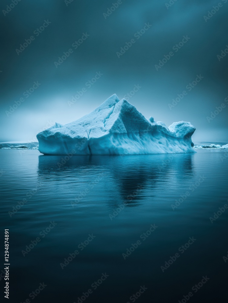Aufkleber Melting iceberg floats serenely in dark blue waters under an empty sky for text placement. Generative AI