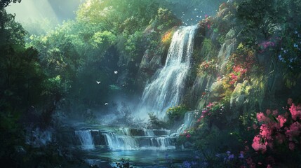 Obraz premium Lush Green Forest Waterfall Landscape with Vibrant Flowers
