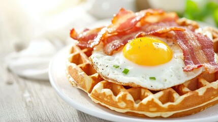 Indulge in a classic breakfast with a crispy bacon waffle and sunnysideup eggs, served on a  white plate.