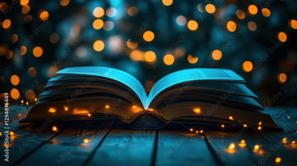 Poster an open book rests on a rustic wooden table, illuminated by soft glowing lights, creating the perfec