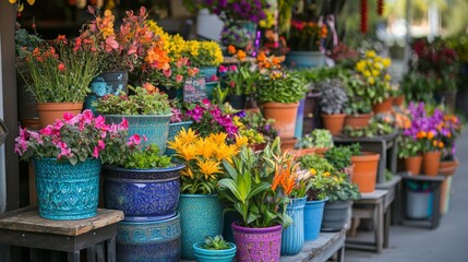 Vibrant floral display with diverse potted flowers in various colors and textures.