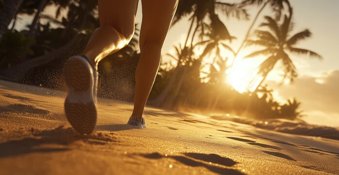 Woman jogging sunset beach tropical vacation