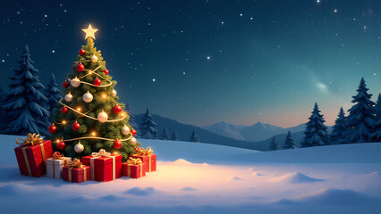 Obraz premium A Christmas tree in a snowy landscape