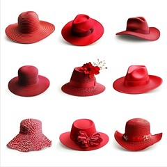 Beautiful red hats in various designs, ideal for outdoor wear or fashion The hats are isolated on white background