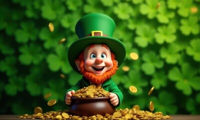 Cartoon Irish folk character leprechaun holds a pot of gold coins on green clover background