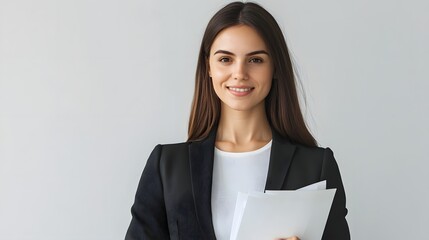 Elegant Office Woman Holding Documents with Subtle Smile on Clean Background