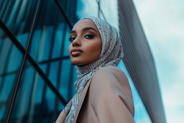 Fashion-forward woman wearing a hijab, pairing modesty with modern style. Her outfit features trendy accessories and bold colors, reflecting confidence, elegance, and cultural pride.

