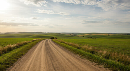 Obraz premium Scenic Dirt Road through Rural Fields with Lush Green Landscape and Clouds in Countryside