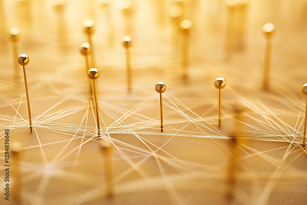 Poster golden pins interconnected network abstract background golden threads elegant connection technology 