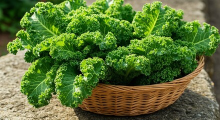 Fresh Organic Kale Leaves in a Wicker Basket Outdoors