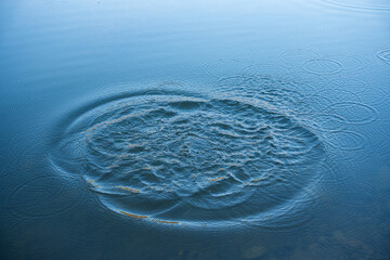 Circular water ripples and bubbles effect. Water ripples and round droplets on blue sea texture pattern background. Liquid motion on calm lake surface. Ring affect, circles