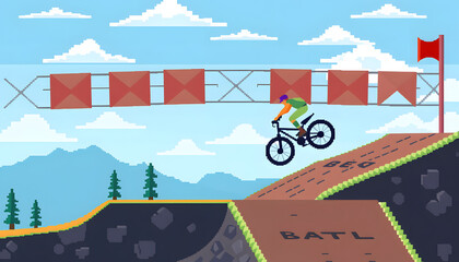 Starting ramp of BMX racing, pixel art. with white shades