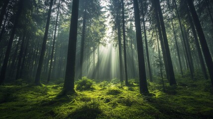 Obraz premium Sunbeams Illuminate Lush Green Forest