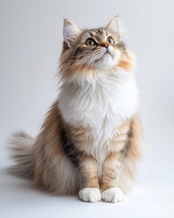 A fluffy cat with striking eyes gazing upwards against a light background.
