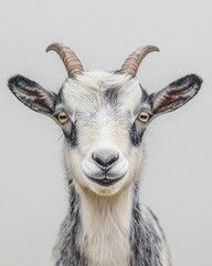 Fototapeta premium A close-up portrait of a goat with distinctive horns and a friendly expression against a light background.