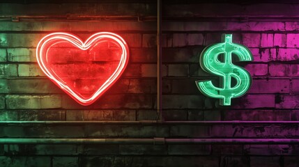 A glowing red heart and green dollar sign on a textured wall.