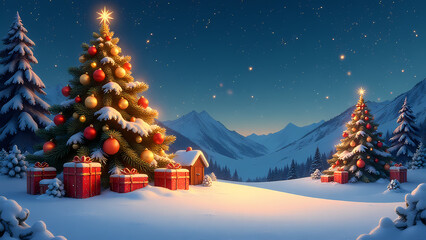 A Christmas tree in the middle of a snowy landscape