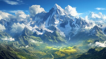 Majestic Snow Capped Mountain Peak with Lush Green Valley
