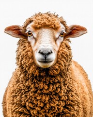 Obraz premium A close-up of a sheep with fluffy brown wool and a calm expression against a white background.