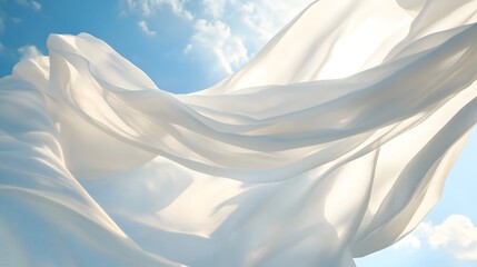 Flowing White Fabrics Swirling Against a Serene Blue Sky