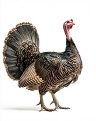 A beautiful turkey displaying its fanned tail against a white background.