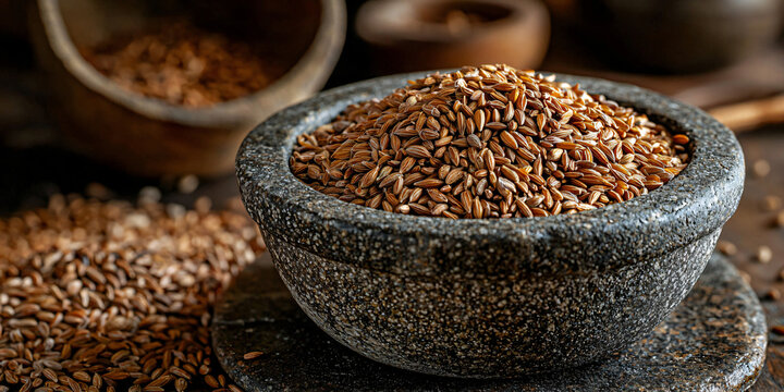 mortar filled with cumin seeds