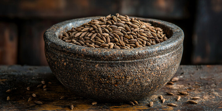 mortar filled with cumin seeds