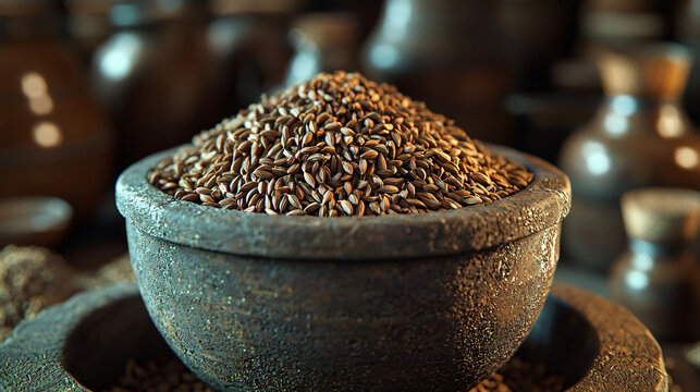 mortar filled with cumin seeds