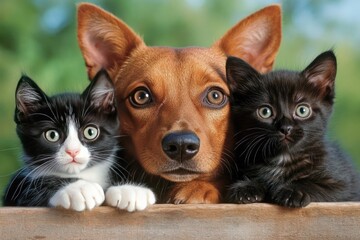 Obraz premium Dog and two kittens posing together. (1)