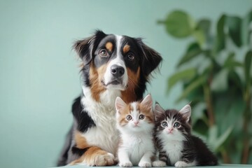 Fototapeta premium Dog and two kittens posing together.