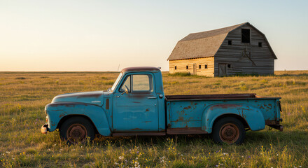 Vintage Blue Truck and Old Barn in Scenic Rural Landscape at Sunset