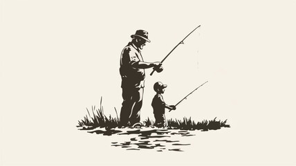Fototapeta premium Fisherman catch fish. Fishing illustration. Flat vector illustration. Colorful and Black silhouettes of fishing with his dad son, vector Art & Illustration