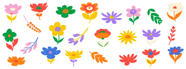 Collection of Spring Retro floral elements, Trendy vintage 70s style. Y2k aesthetic.