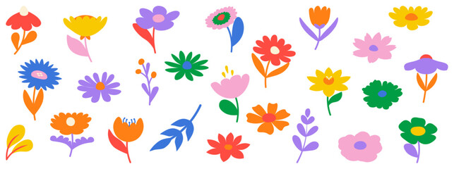 Collection of Spring Retro floral elements, Trendy vintage 70s style. Y2k aesthetic.