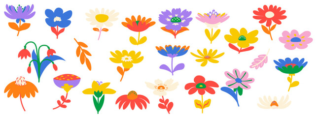 Collection of Spring Retro floral elements, Trendy vintage 70s style. Y2k aesthetic.