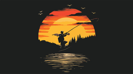 Fisherman catch fish. Fishing illustration. Flat vector illustration. Colorful and Black silhouettes of fishing with his dad son, vector Art & Illustration © RASEL