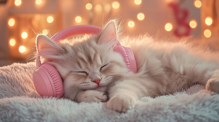 Cat wearing headphones, cat enjoying music, cat with stylish headphones