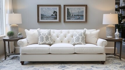 Elegant Living Room with White Sofa and Coastal Decor
