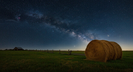 Milky Way Over Rural Hay Bale Field at Night with Starry Sky and Rolling Hills