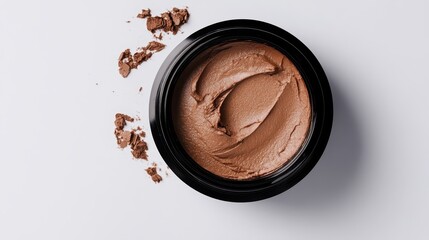 Natural cosmetic cream in a black container with a scattered texture on a white background highlighting beauty product details