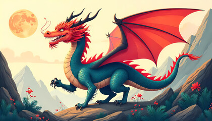 Majestic Dragon on Mountain Peak at Sunset