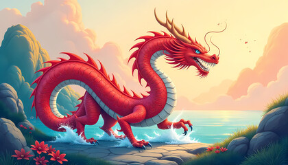 Fototapeta premium Majestic Red Dragon by the Sea