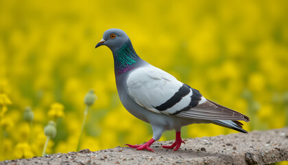 Fototapeta premium Racing Pigeon against a yellow oilseed rape background, grunge. with white shades
